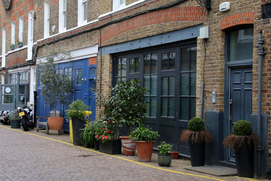 A narrow residential street featuring a front garden along the base of a row of traditional Victorian terraced houses with brick facades and large white-framed windows. The garden is filled with a var